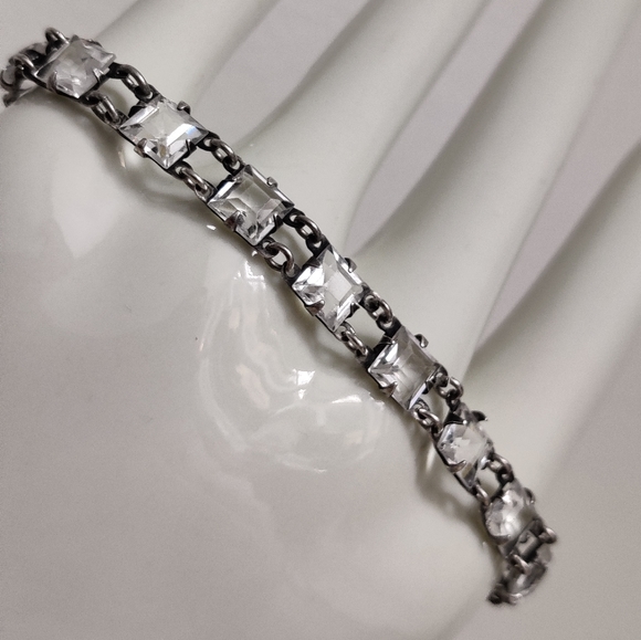 Antique True Art Deco Square Cut Crystal Bracelet Sterling Silver - Picture 5 of 15